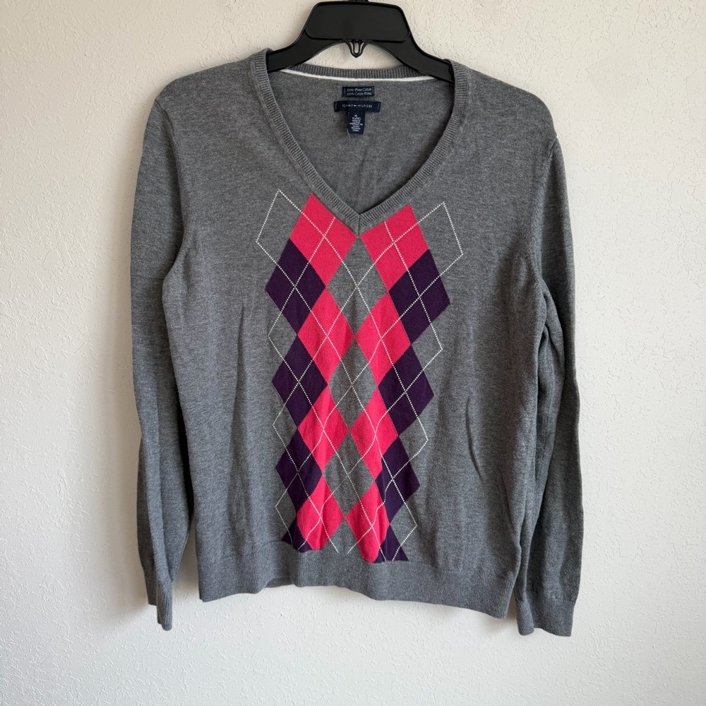 Tommy Hilfiger Gray Pink Argyle V-Neck 100% Pima Cotton Sweater Womens XL Office